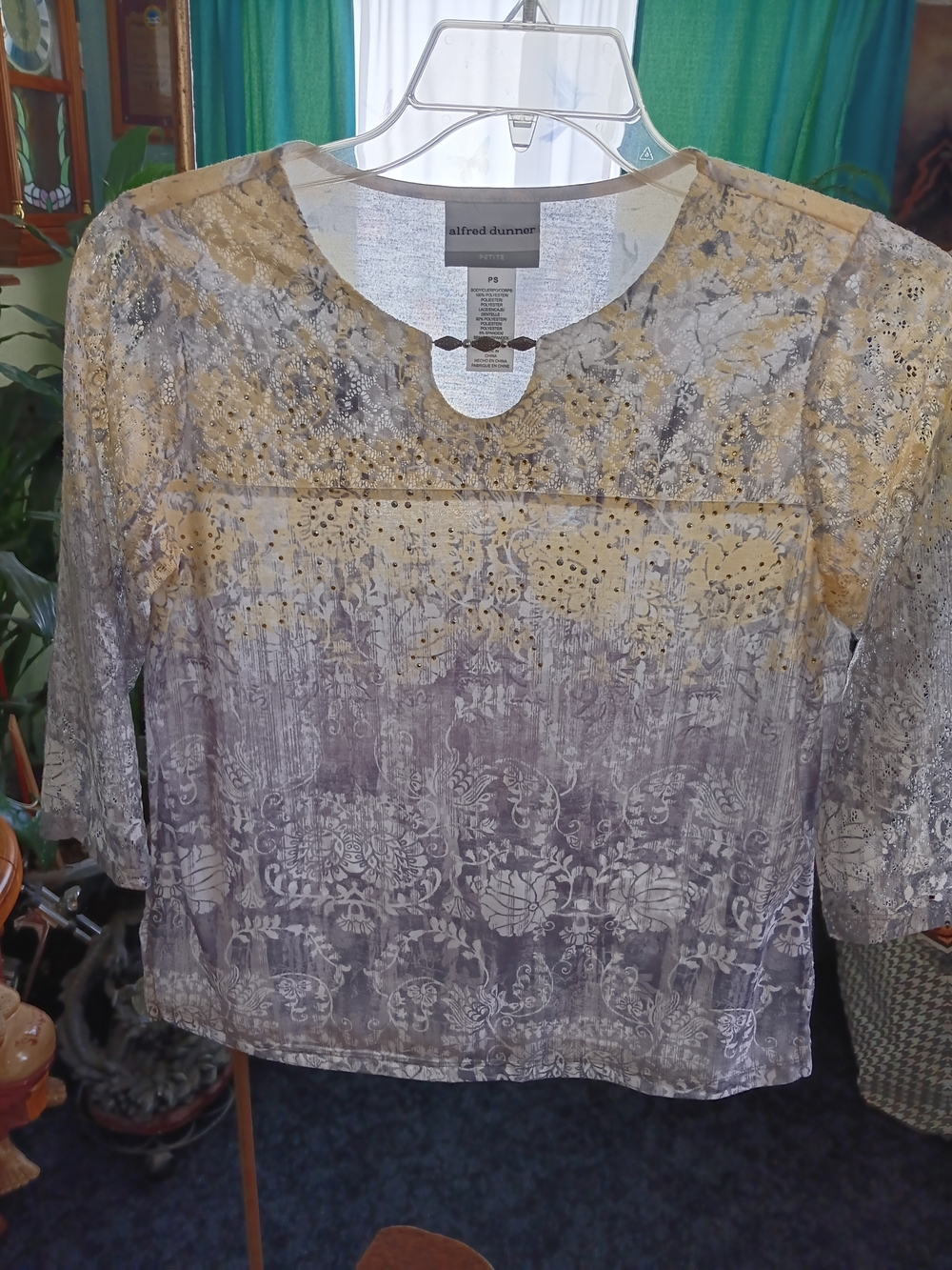 alfred dunner Women's Yellow and Gray Printed Blouse